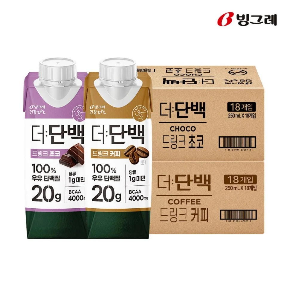 빙그레 더단백 프로틴음료 단백질 드링크 250ml 초코맛 18팩 + 커피맛 18팩