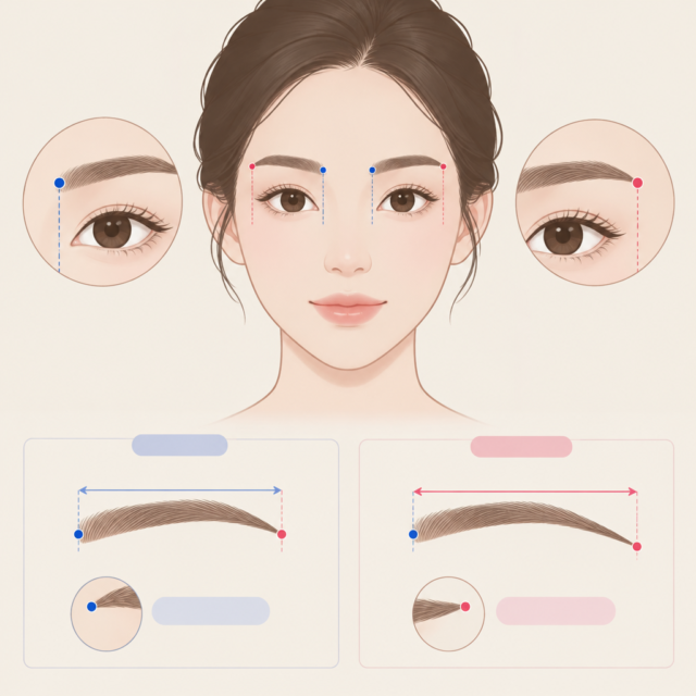 AI 생성 설명 이미지: 파주 왁싱샵 도도라인왁싱 파주운정본점 | 눈썹 꼬리 위치와 길이는 어떻게 다를까요?